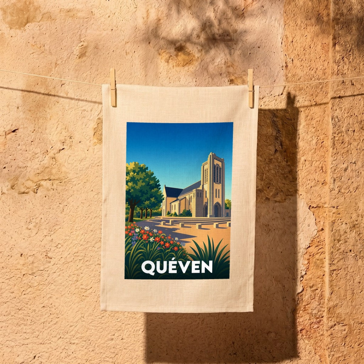 Torchon souvenir de la ville de Quéven avec une illustration stylisée de son église.