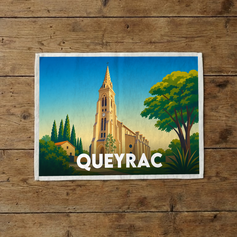 Torchon souvenir de la ville de Queyrac avec une illustration stylisée de son église.