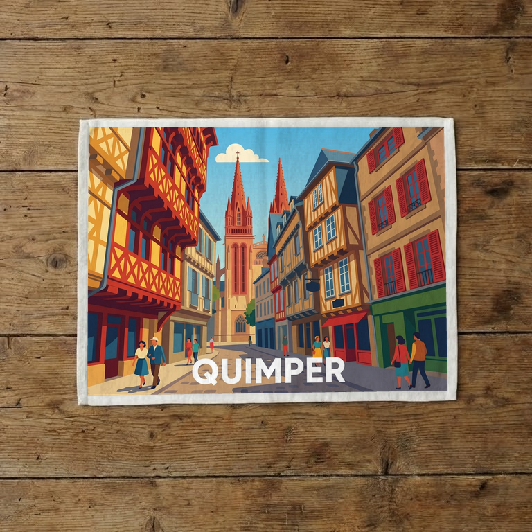 Torchon souvenir de la ville de Quimper avec une illustration stylisée de ses maisons à colombages.