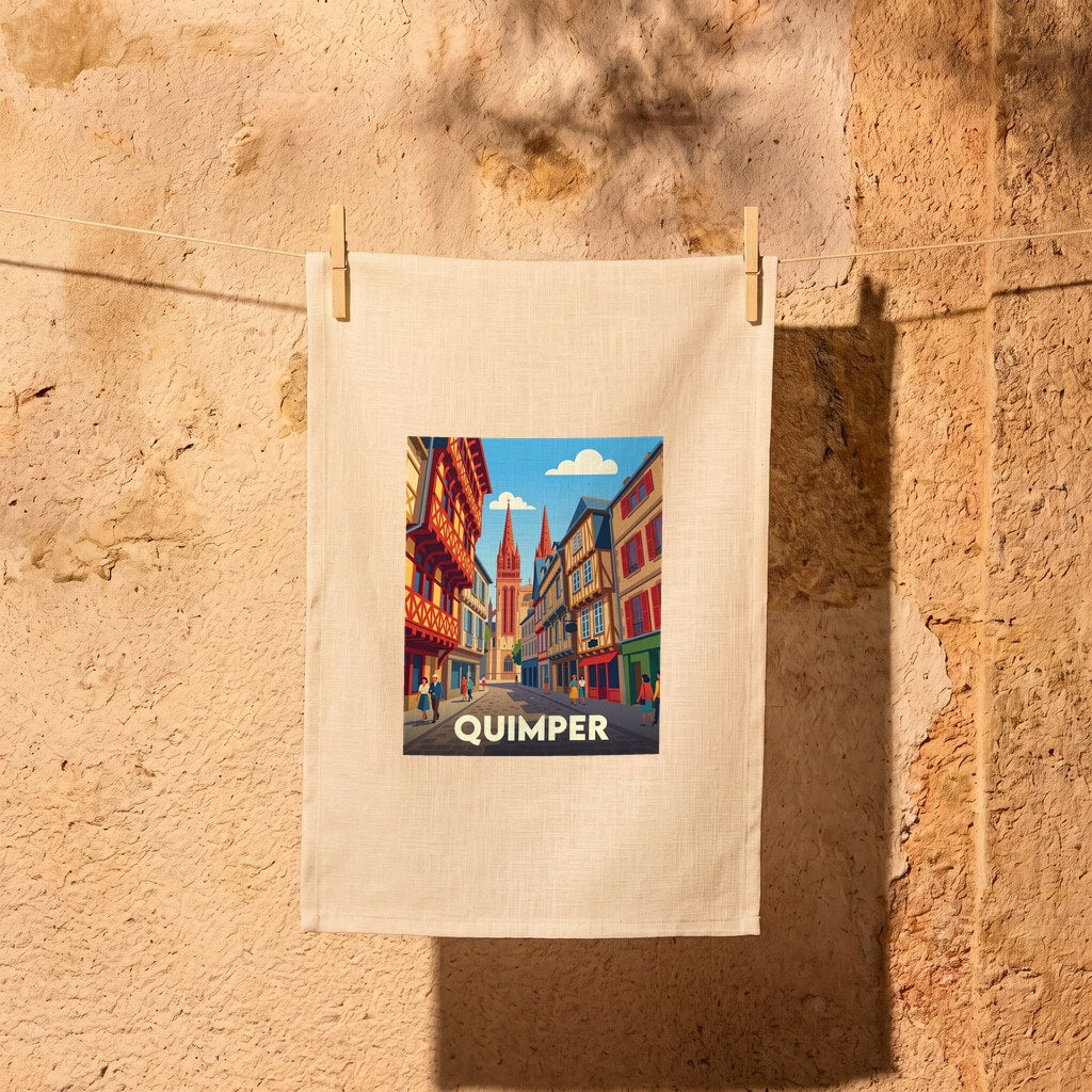 Torchon souvenir de la ville de Quimper avec une illustration stylisée de ses maisons à colombages.