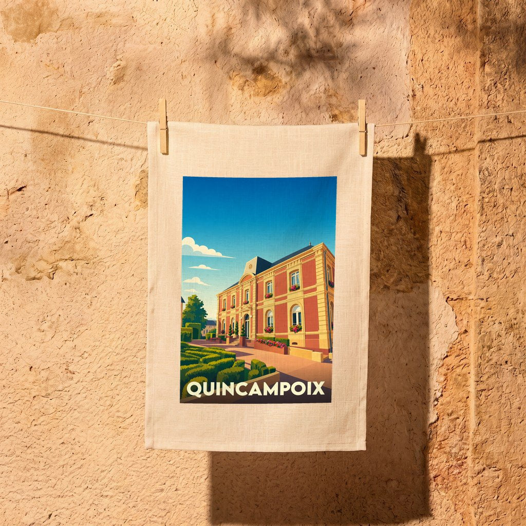 Torchon souvenir de la ville de Quincampoix illustré d'un bâtiment élégant dans un style vintage.