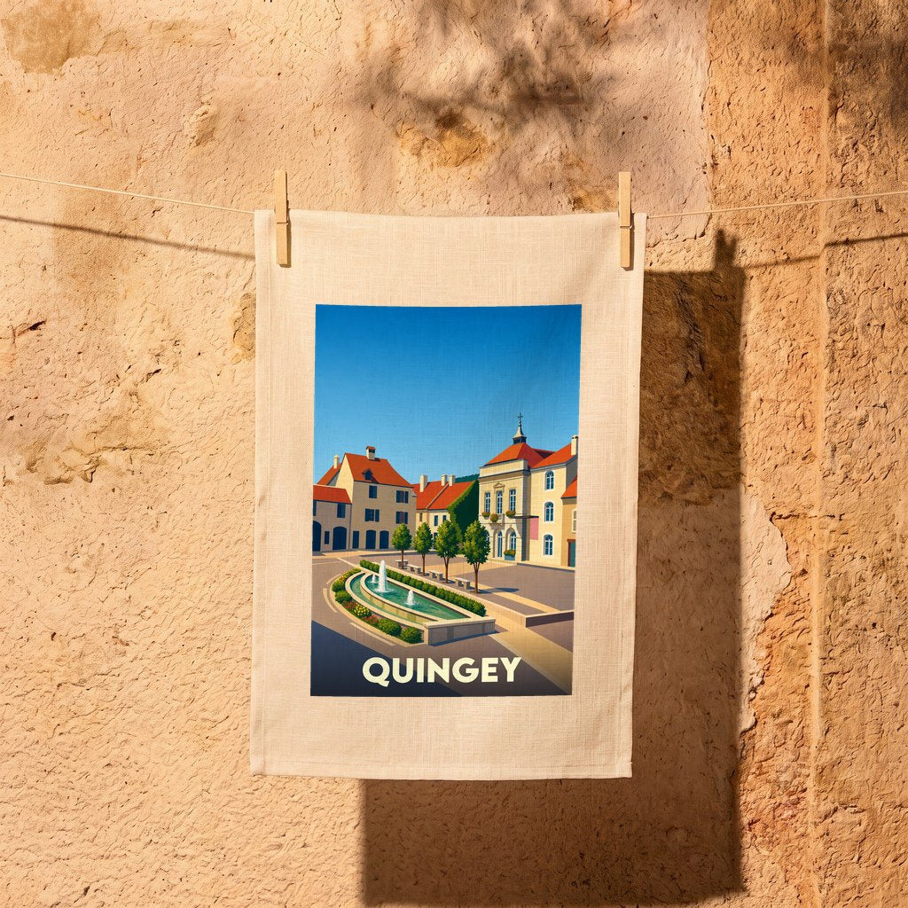 Torchon souvenir de la ville de Quingey orné d'une illustration stylisée de sa place principale.