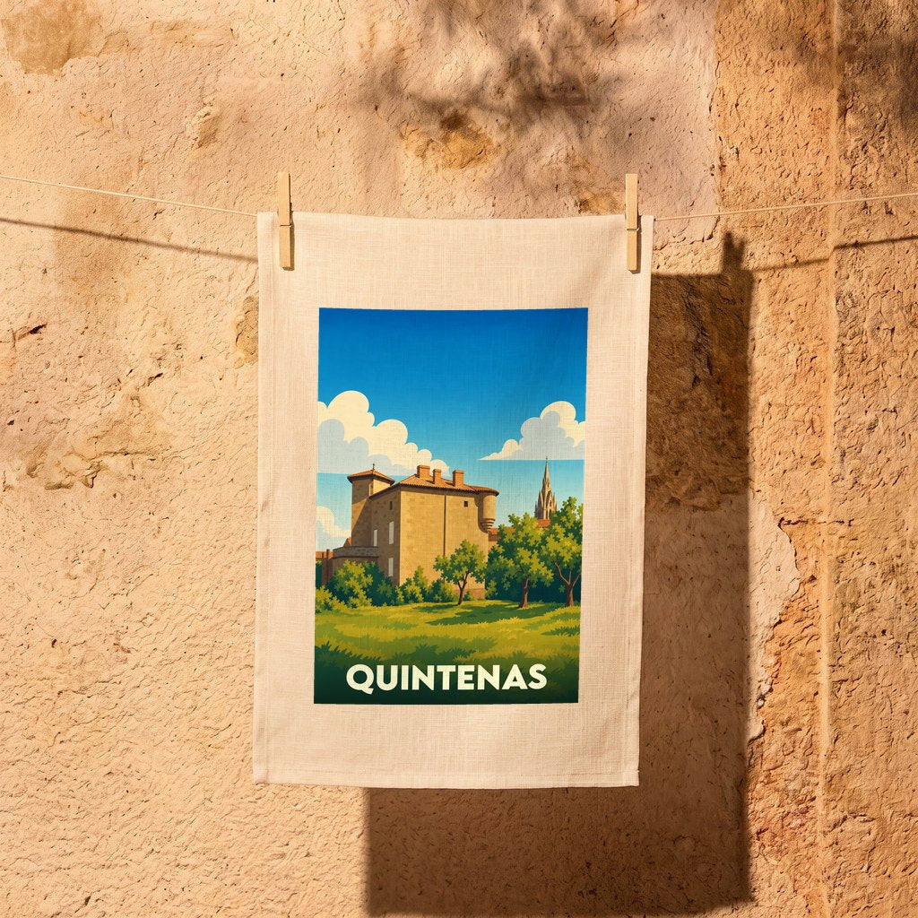 Torchon souvenir de la ville de Quintenas illustré par un dessin stylisé de son architecture et de ses paysages.
