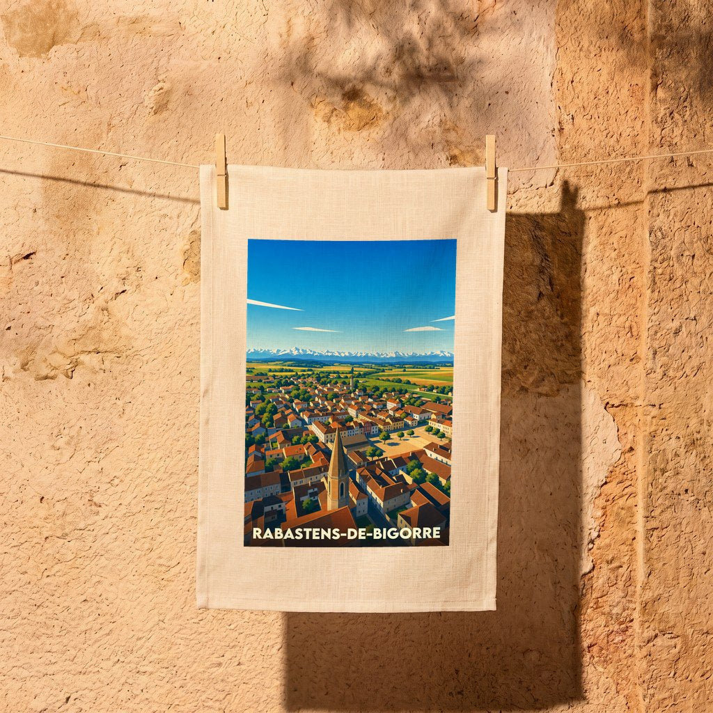 Torchon souvenir de la ville de Rabastens-de-Bigorre avec une illustration stylisée.