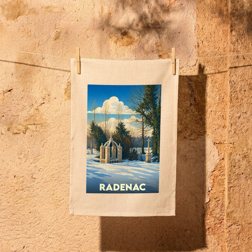Torchon souvenir de la ville de Radenac illustré d'un paysage hivernal stylisé.