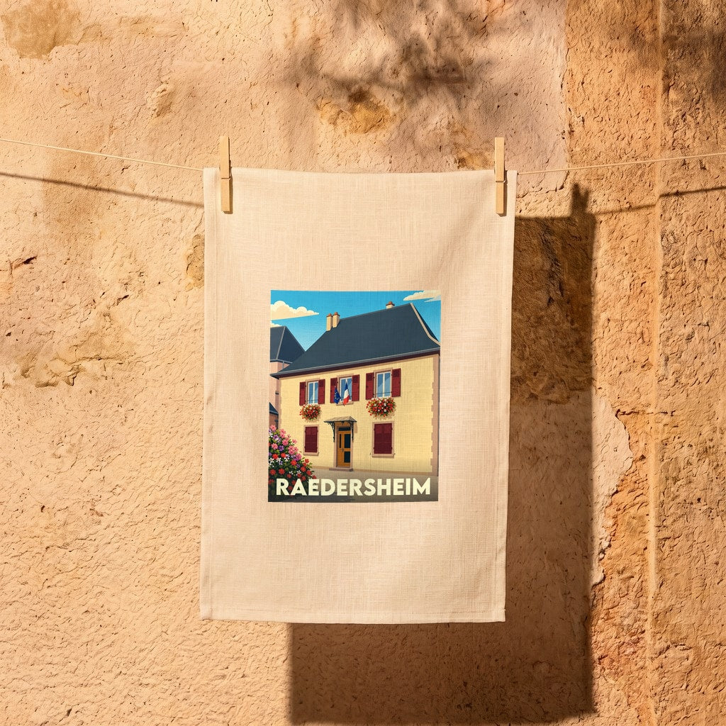 Torchon souvenir de la ville de Raedersheim avec une illustration stylisée d'une maison alsacienne.