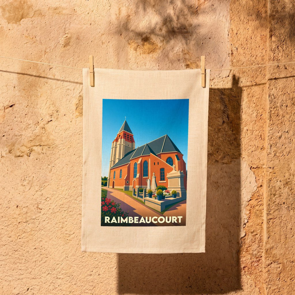 Torchon souvenir de la ville de Raimbeaucourt avec une illustration stylisée de son église.