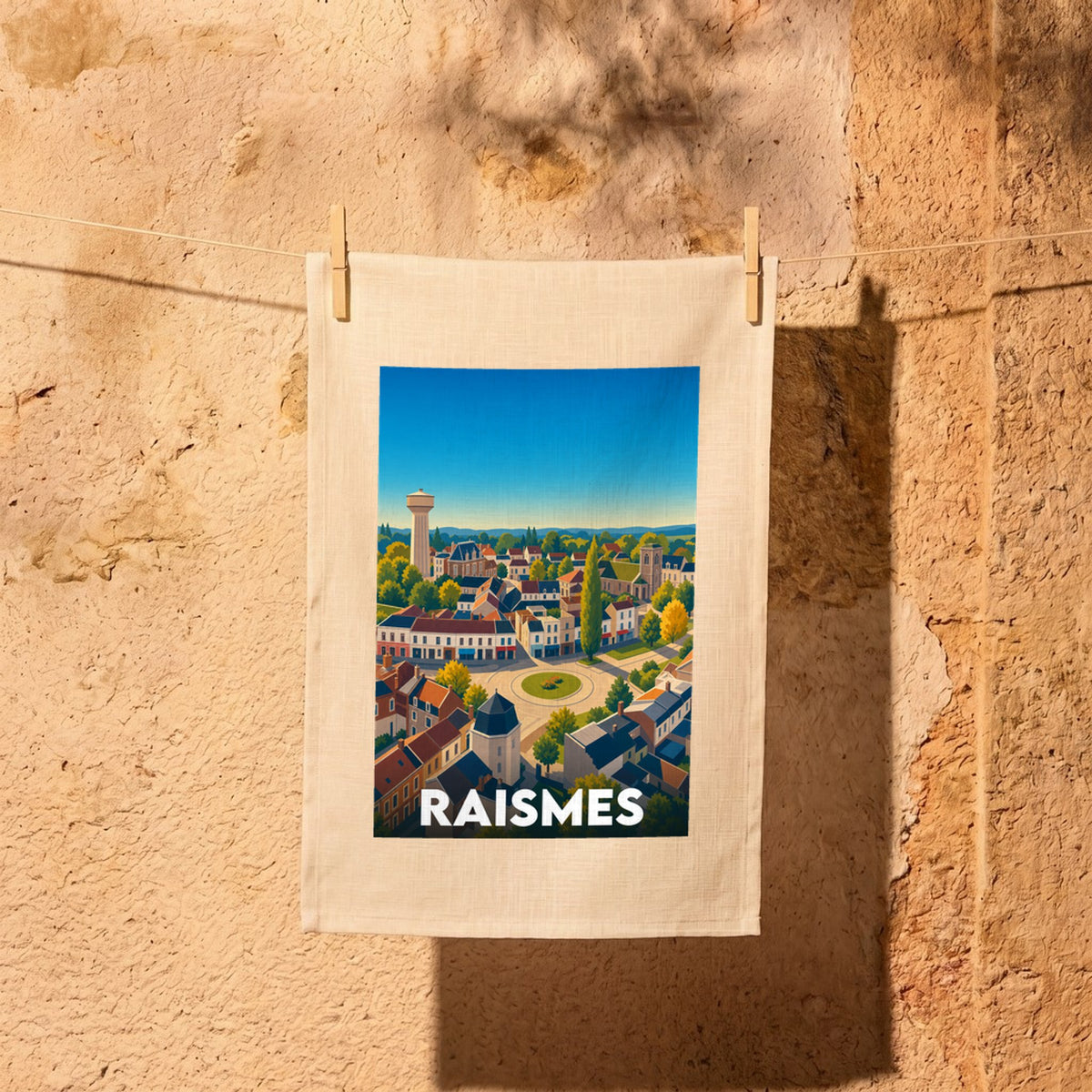 Torchon souvenir de la ville de Raismes illustré par un paysage urbain coloré et stylisé.