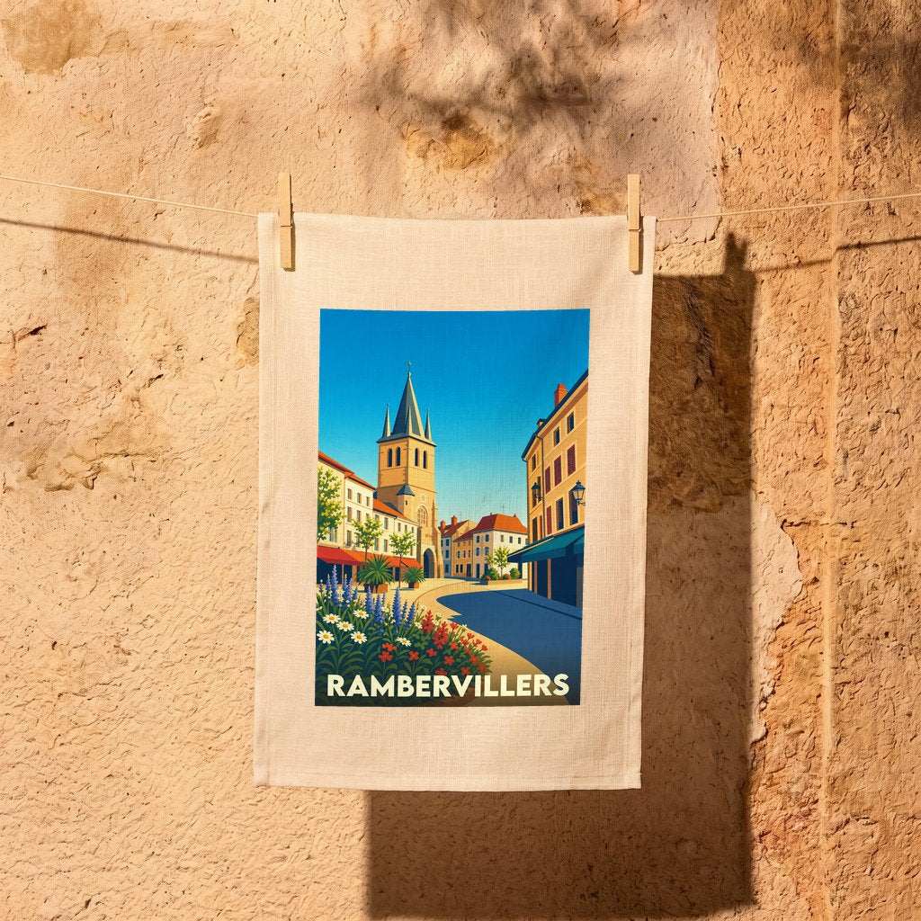 Torchon souvenir de la ville de Rambervillers illustrant une scène urbaine colorée et stylisée.