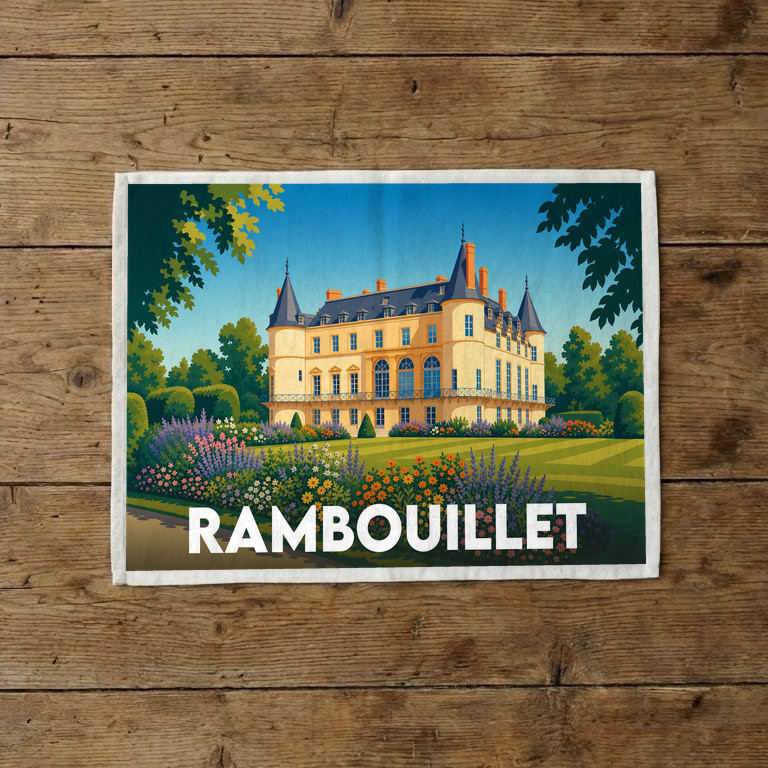 Torchon souvenir de la ville de Rambouillet avec une illustration stylisée de son château.