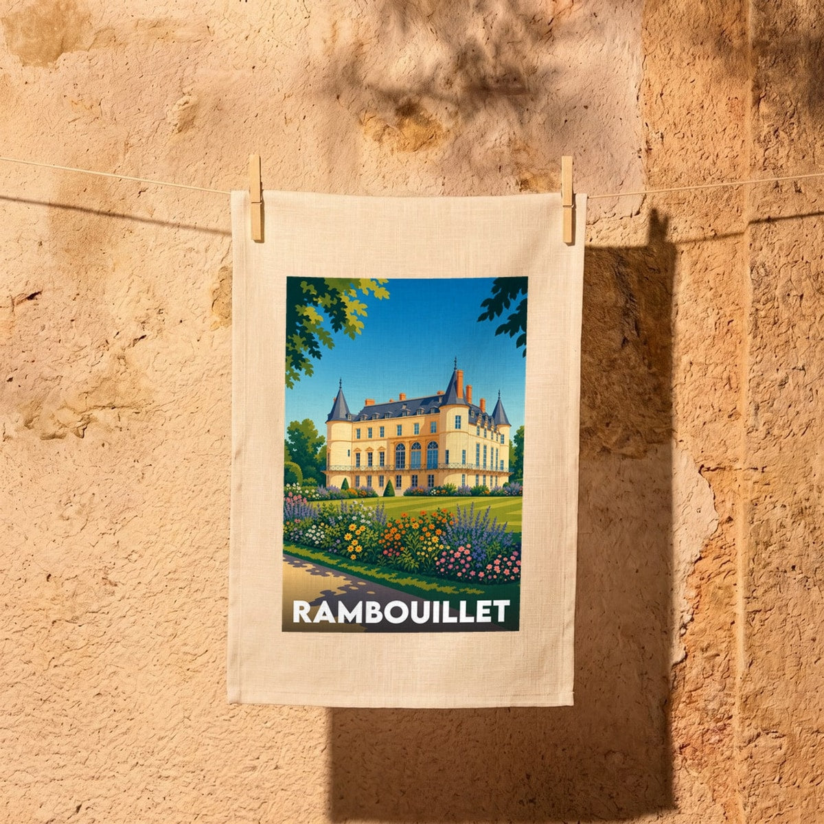 Torchon souvenir de la ville de Rambouillet avec une illustration stylisée de son château.