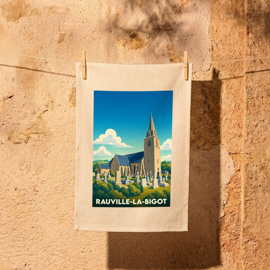 Torchon souvenir de la ville de Rauville-la-Bigot avec une illustration stylisée de son église et de son cimetière.