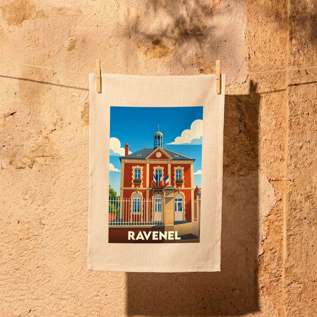 Torchon souvenir de la ville de Ravenel avec une illustration stylisée de son hôtel de ville.