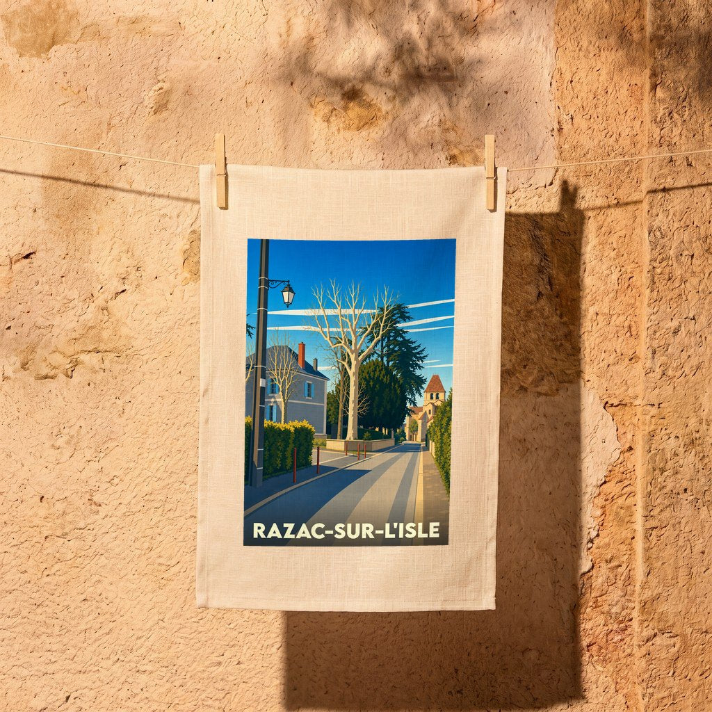 Torchon souvenir de la ville de Razac-sur-l'Isle avec une illustration stylisée.