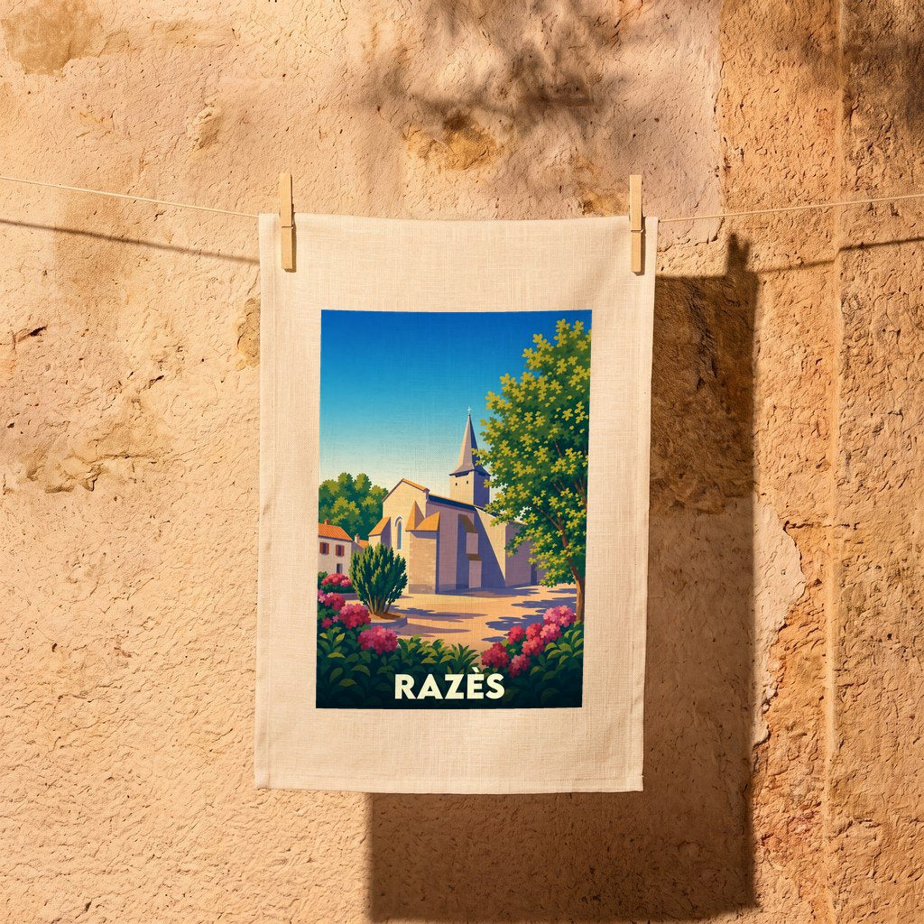 Torchon souvenir de la ville de Razès orné d'une illustration stylisée de son église et de jardins fleuris.