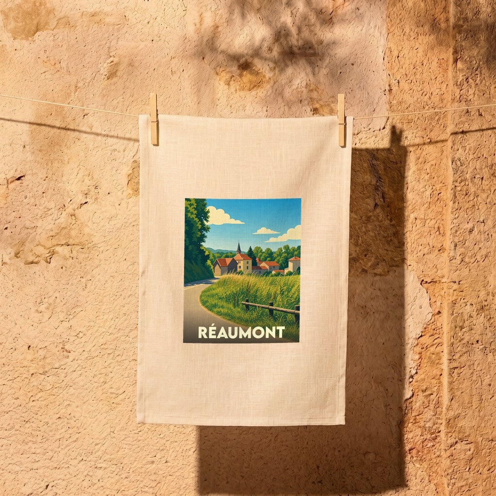 Torchon souvenir de la ville de Réaumont orné d'une illustration paysagère stylisée.
