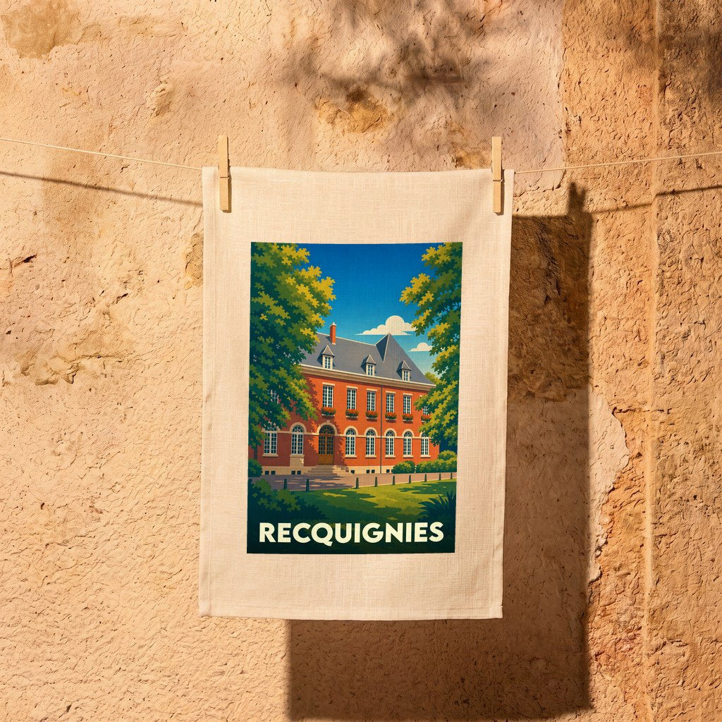 Torchon souvenir de la ville de Recquignies avec une illustration stylisée d'un bâtiment en briques rouges.