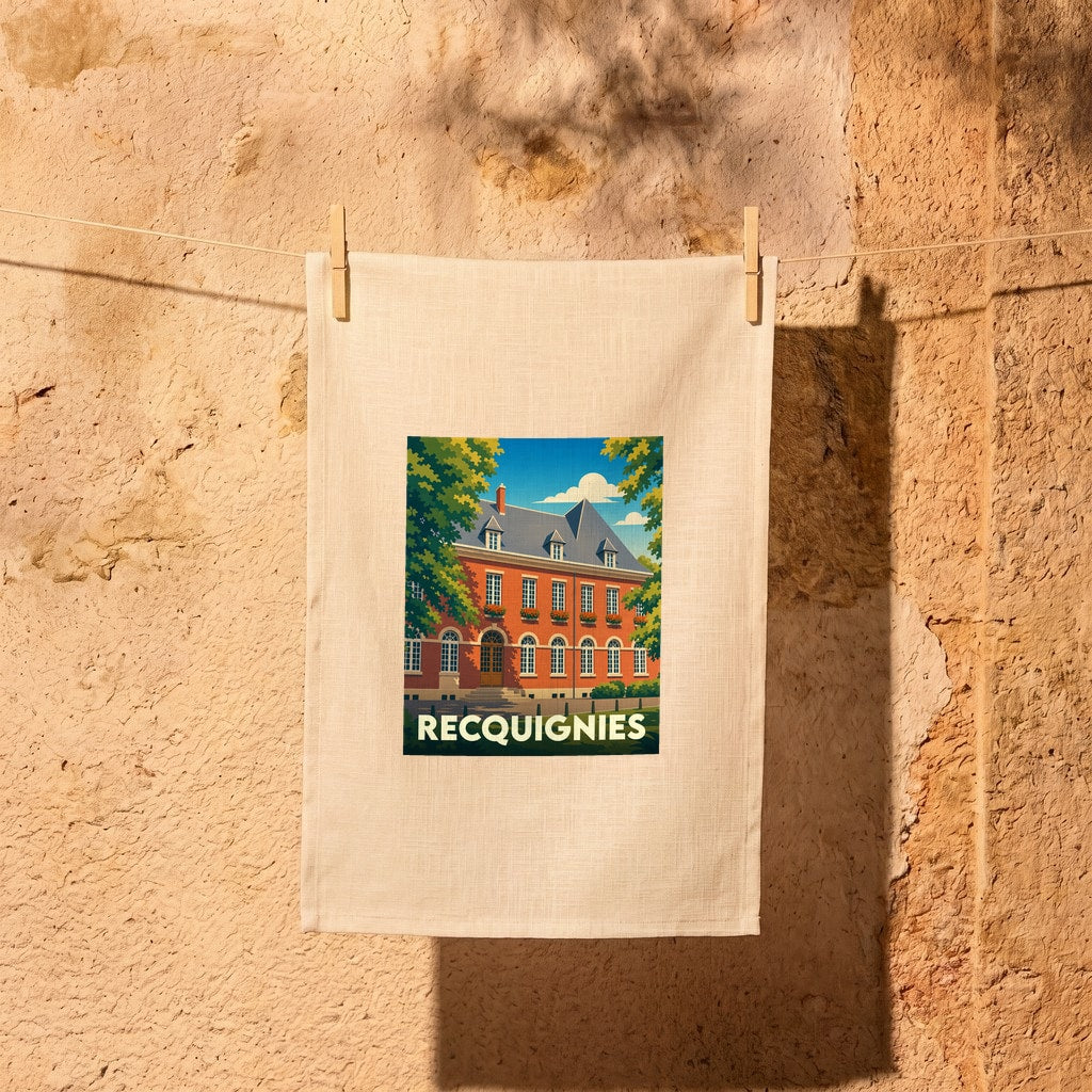Torchon souvenir de la ville de Recquignies avec une illustration stylisée d'un bâtiment en briques rouges.