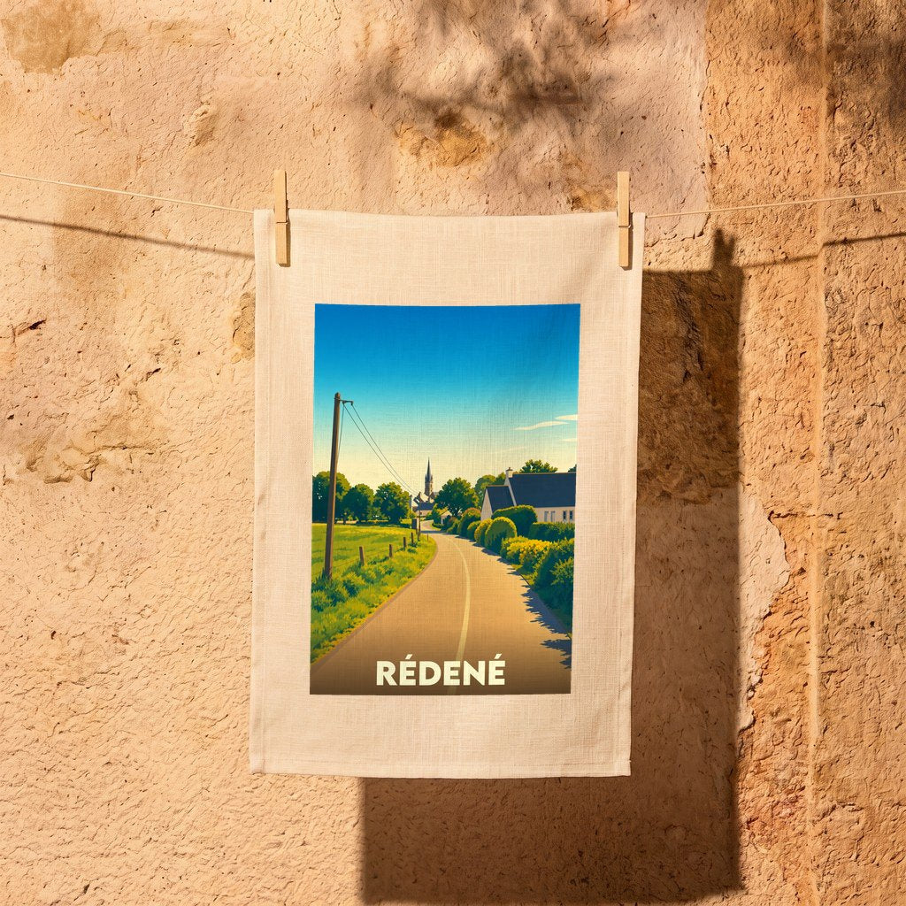 Torchon souvenir de la ville de Rédené arborant une illustration champêtre stylisée.