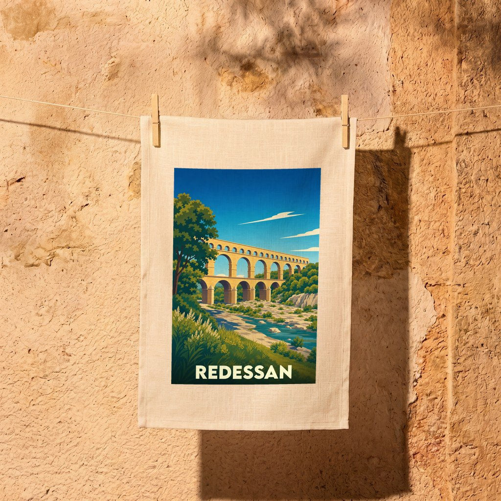 Torchon souvenir de la ville de Redessan avec une illustration stylisée du Pont du Gard.