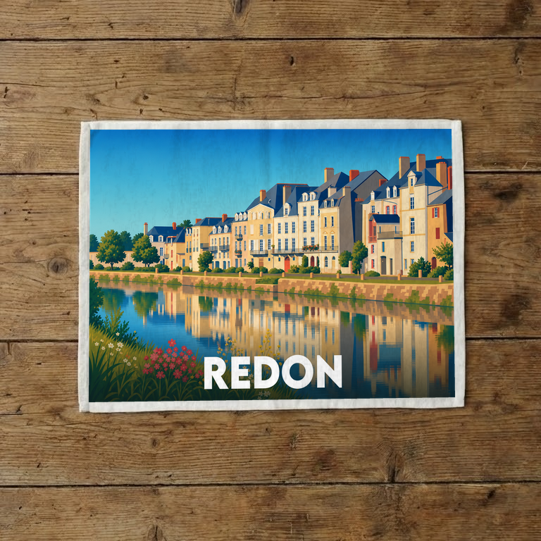 Torchon souvenir de la ville de Redon illustrant les quais et leurs reflets colorés dans l'eau.