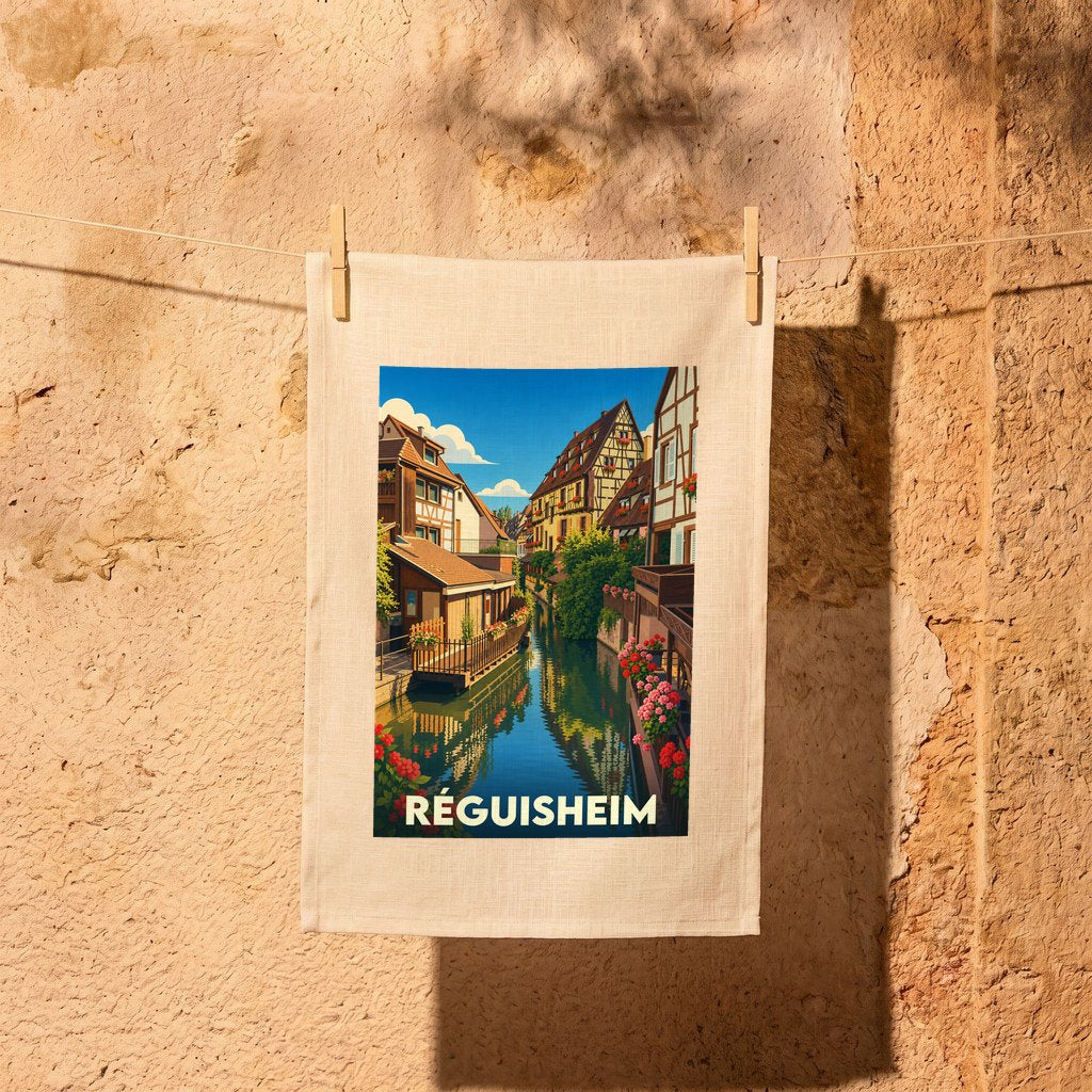 Torchon souvenir de la ville de Réguisheim illustré d'un canal bordé de maisons à colombages fleuries.