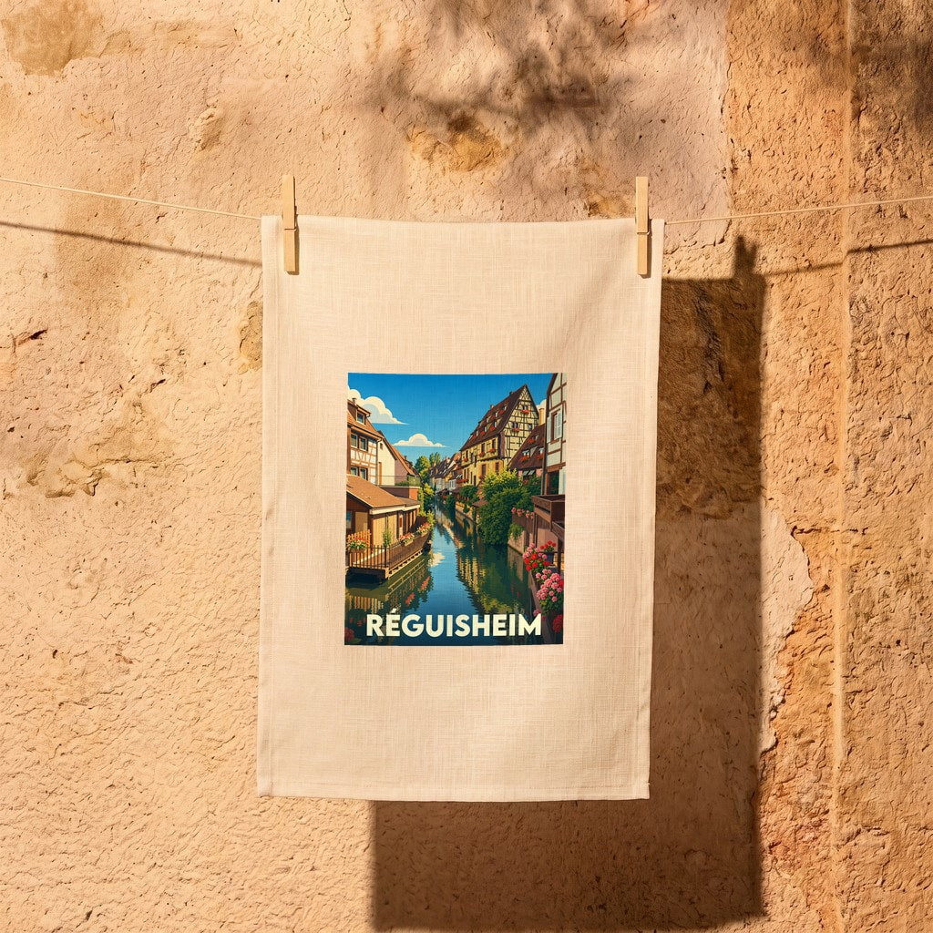 Torchon souvenir de la ville de Réguisheim illustré d'un canal bordé de maisons à colombages fleuries.