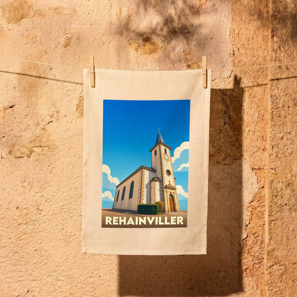 Torchon souvenir de la ville de Rehainviller avec une illustration stylisée de son église.