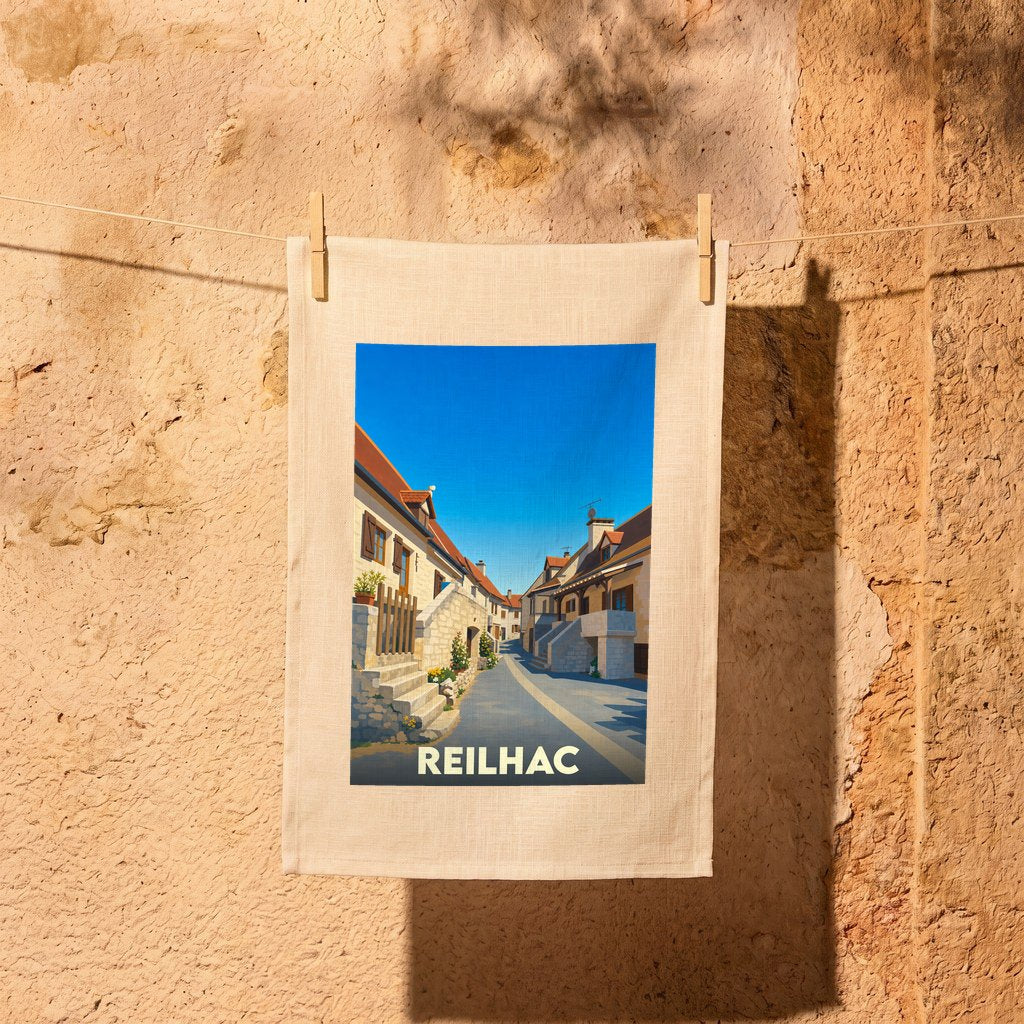 Torchon souvenir de la ville de Reilhac avec une illustration stylisée représentant une ruelle pittoresque.