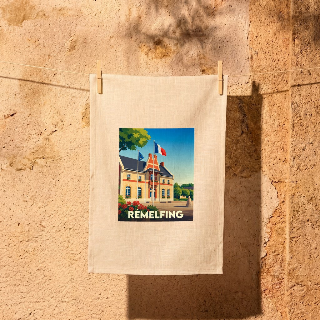 Torchon souvenir de la ville de Rémelfing illustrant sa mairie avec une esthétique d'affiche rétro.