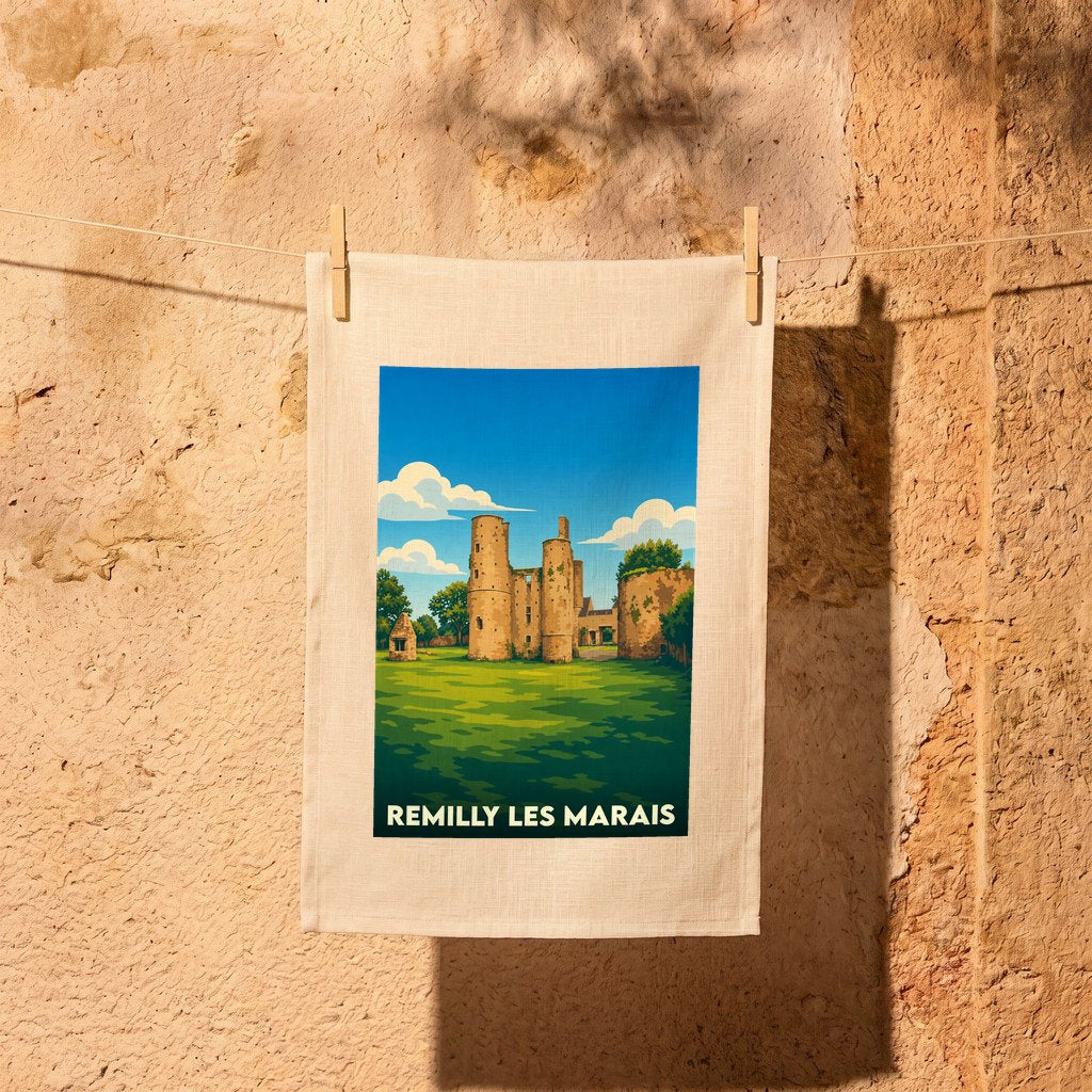 Torchon souvenir de la ville de Remilly Les Marais avec une illustration stylisée des ruines de son château.