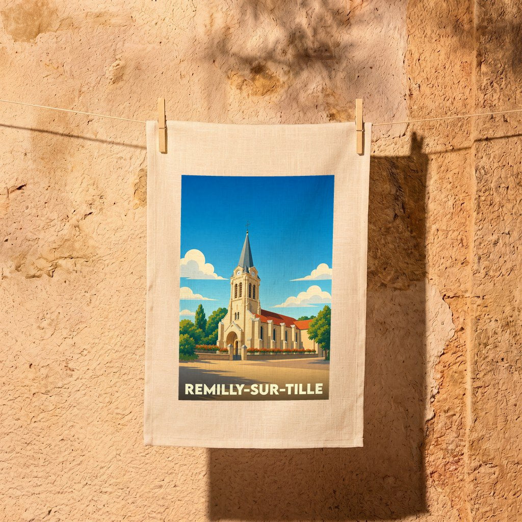 Torchon souvenir de la ville de Remilly-sur-Tille illustré d'un dessin stylisé de son église.