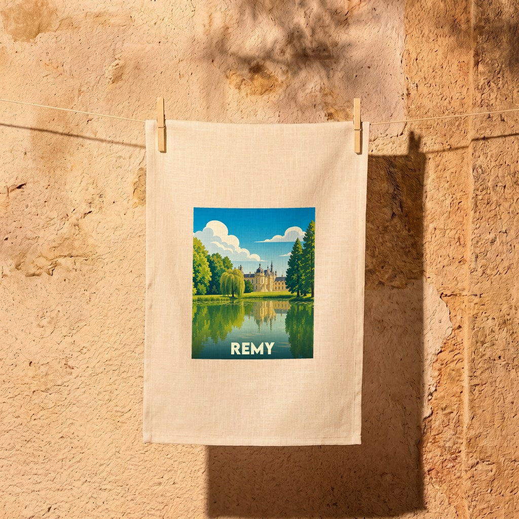 Torchon souvenir de la ville de Remy avec une illustration stylisée d'un château se reflétant dans l'eau.