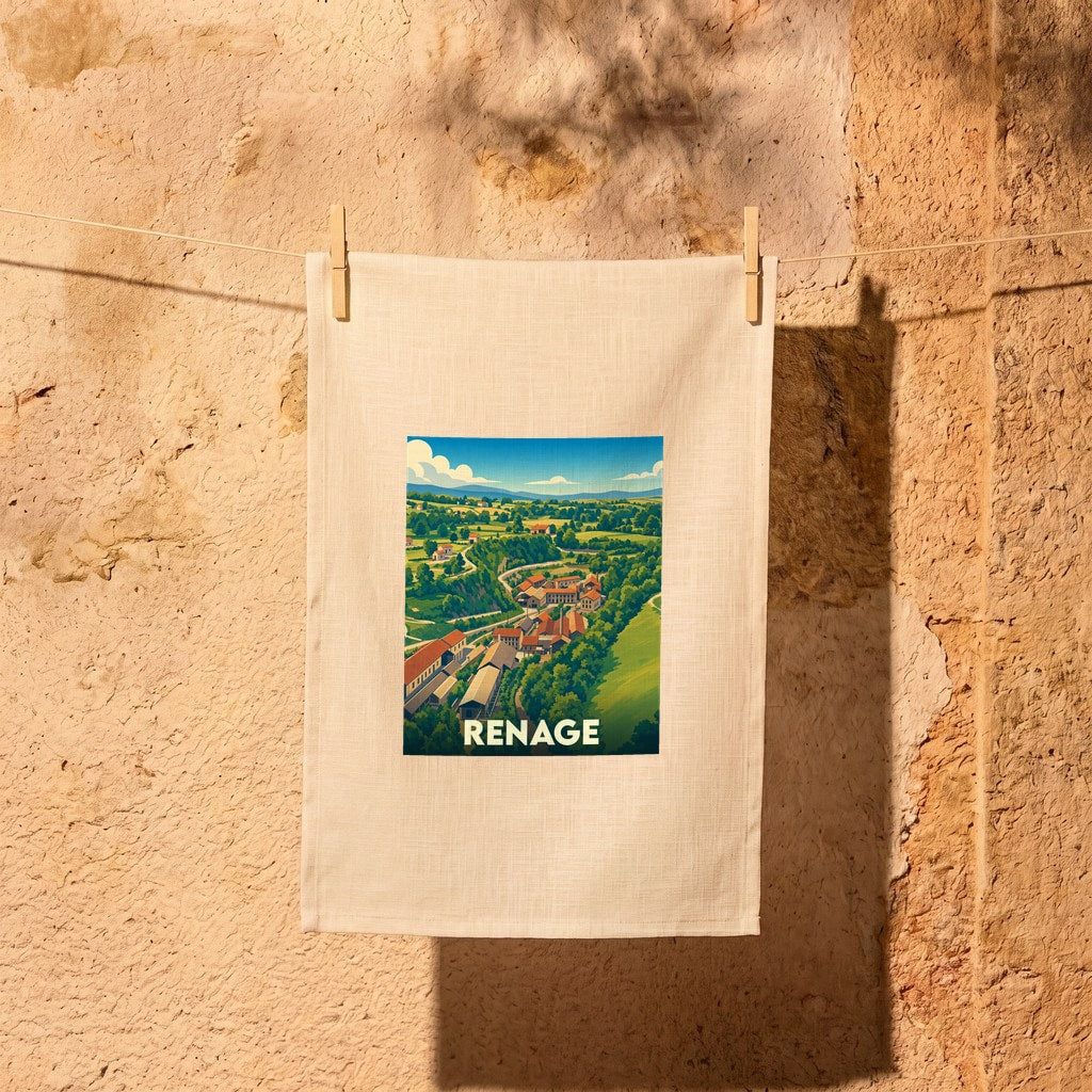 Torchon souvenir de la ville de Renage illustré d'un paysage de campagne coloré et stylisé.