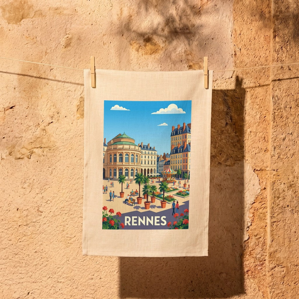 Torchon souvenir de la ville de Rennes avec une illustration stylisée de la place de la Mairie.