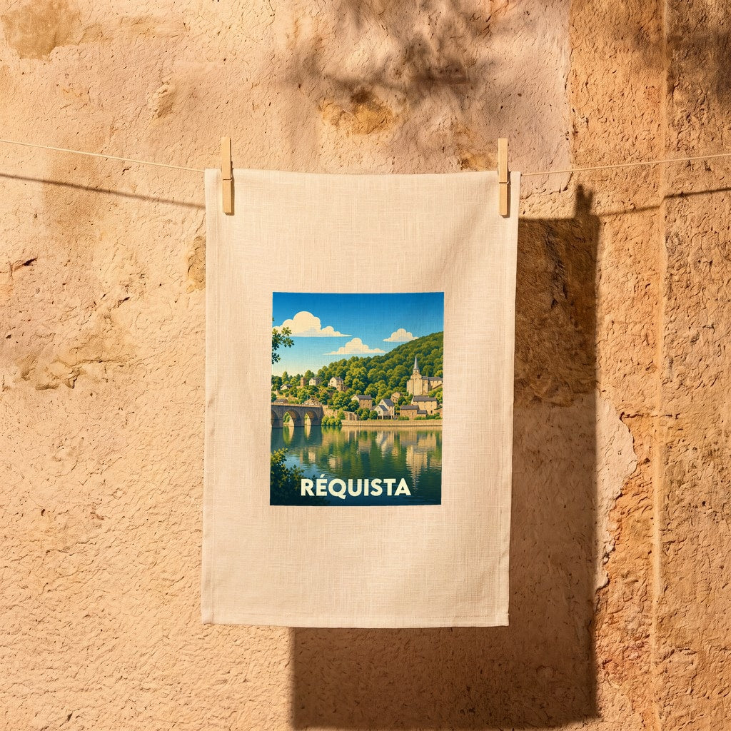 Torchon souvenir de la ville de Réquista avec une illustration stylisée d'un paysage fluvial.