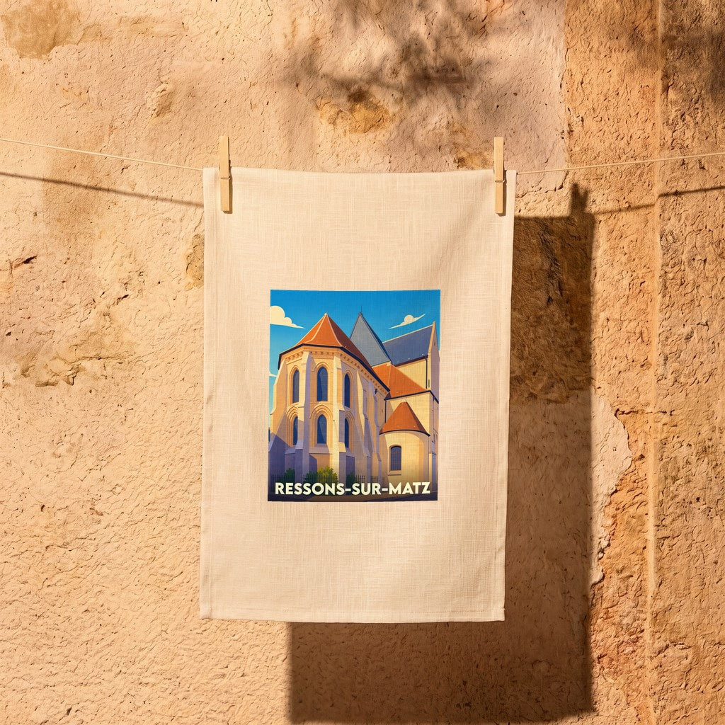 Torchon souvenir de la ville de Ressons-sur-Matz avec une illustration stylisée de son église.