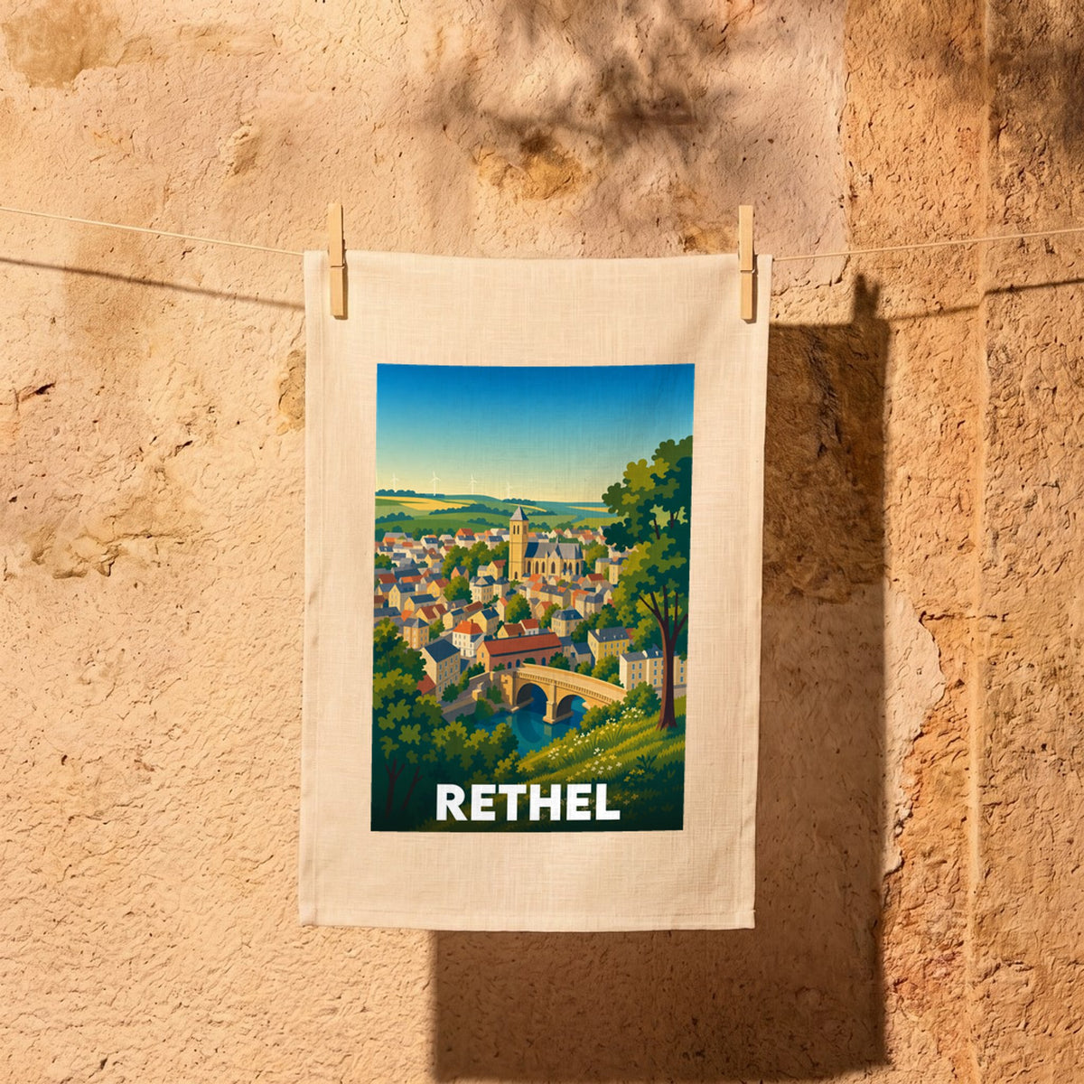 Torchon souvenir de la ville de Rethel avec une illustration colorée et stylisée de son paysage urbain.