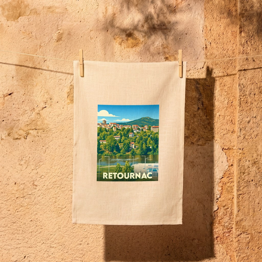 Torchon souvenir de la ville de Retournac avec une illustration paysagère stylisée.