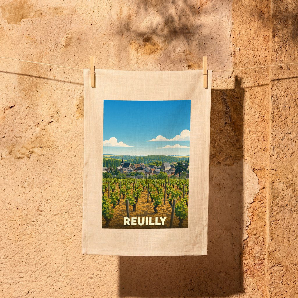 Torchon souvenir de la ville de Reuilly avec une illustration stylisée de son vignoble et de son village.