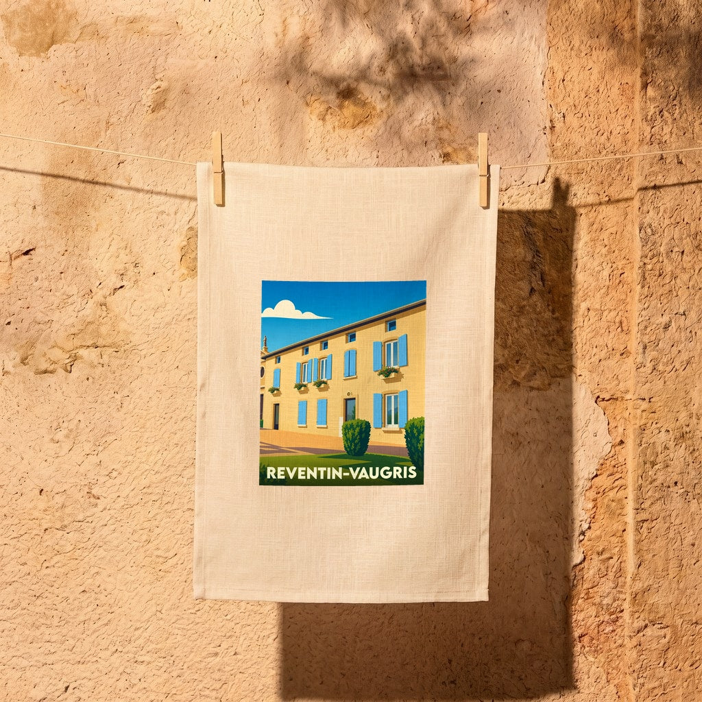 Torchon souvenir de la ville de Reventin-Vaugris avec une illustration stylisée.