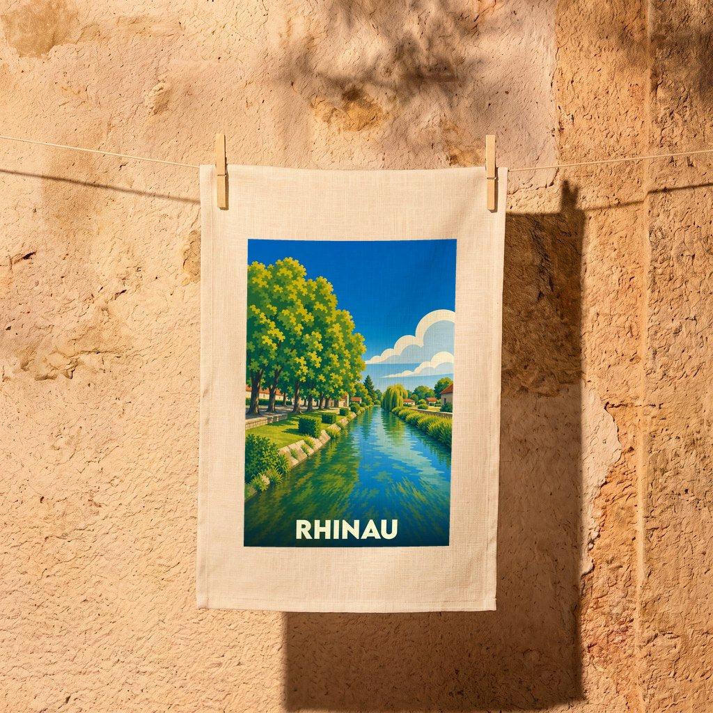 Torchon souvenir de la ville de Rhinau orné d'une illustration stylisée d'un canal bordé d'arbres.