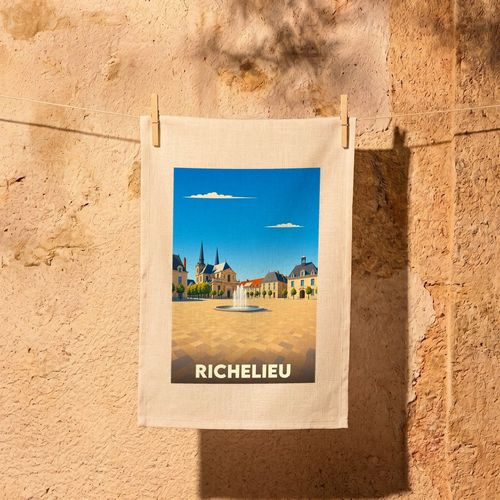 Torchon souvenir de la ville de Richelieu avec une illustration stylisée de sa place centrale.