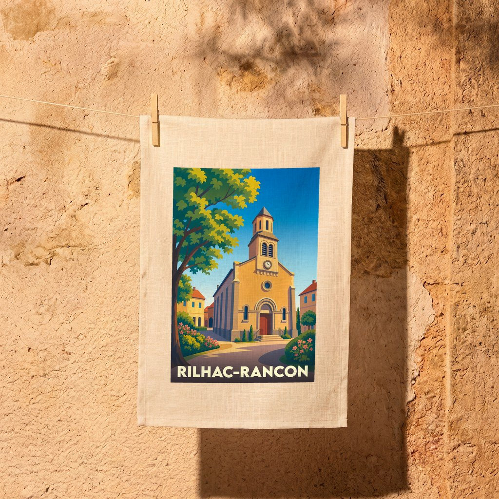 Torchon souvenir de la ville de Rilhac-Rancon avec une illustration stylisée de son église.