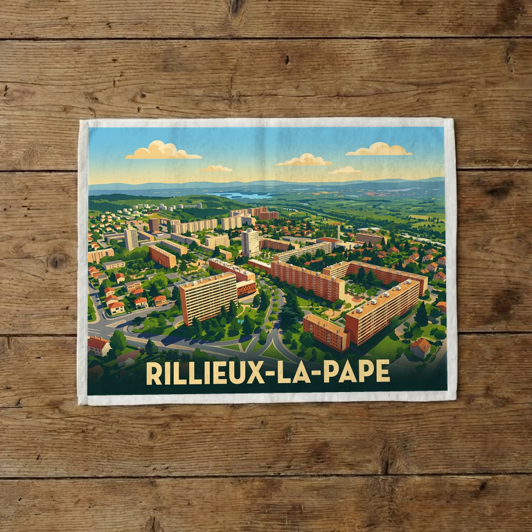 Torchon souvenir de la ville de Rillieux-la-Pape avec une illustration stylisée.