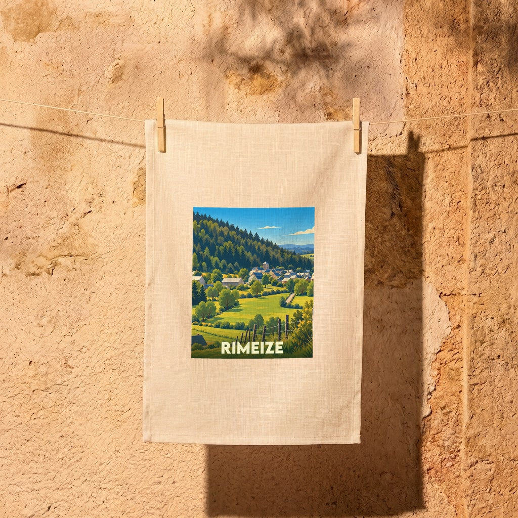 Torchon souvenir de la ville de Rimeize avec une illustration paysagère stylisée.
