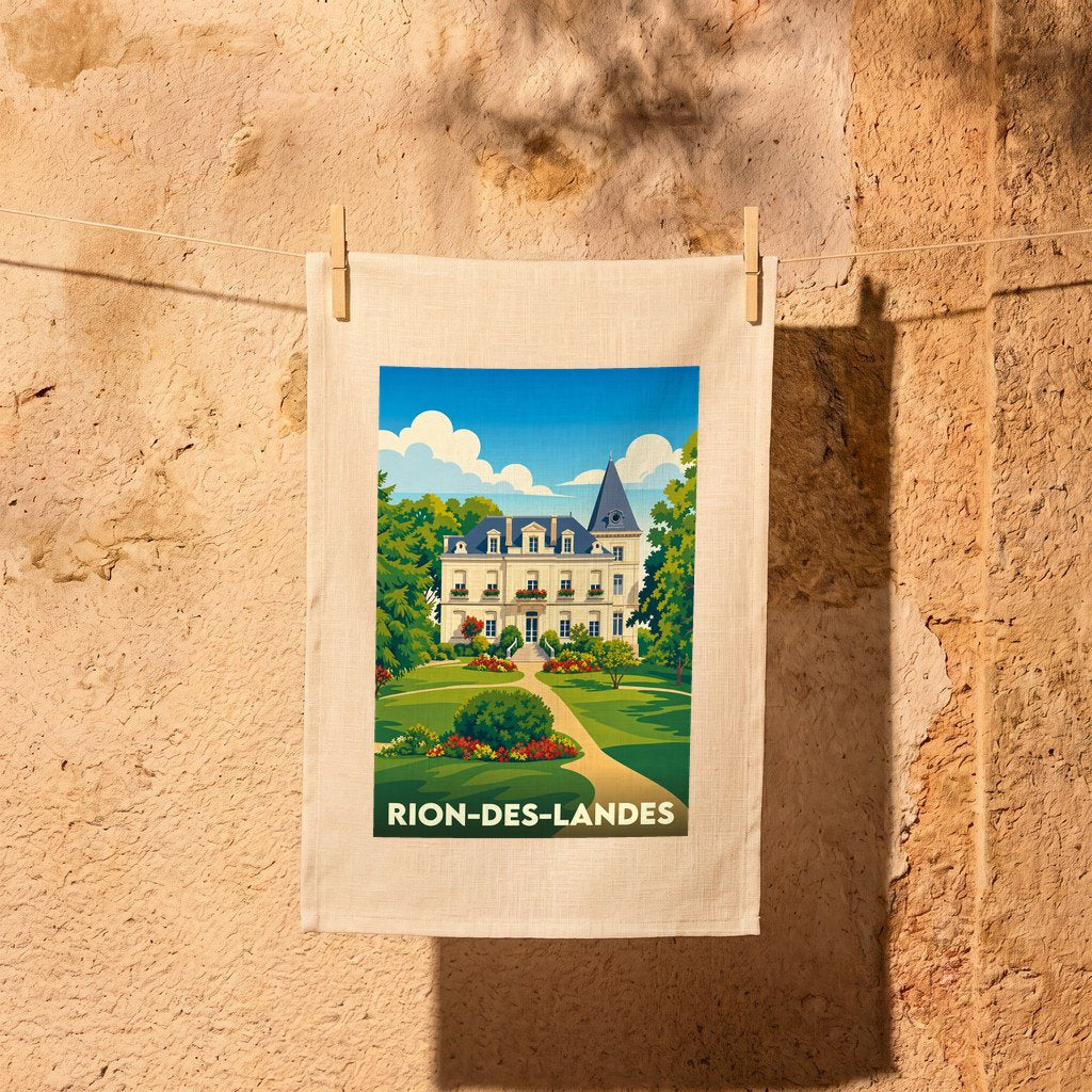 Torchon souvenir de la ville de Rion-des-Landes avec une illustration stylisée d'un château.