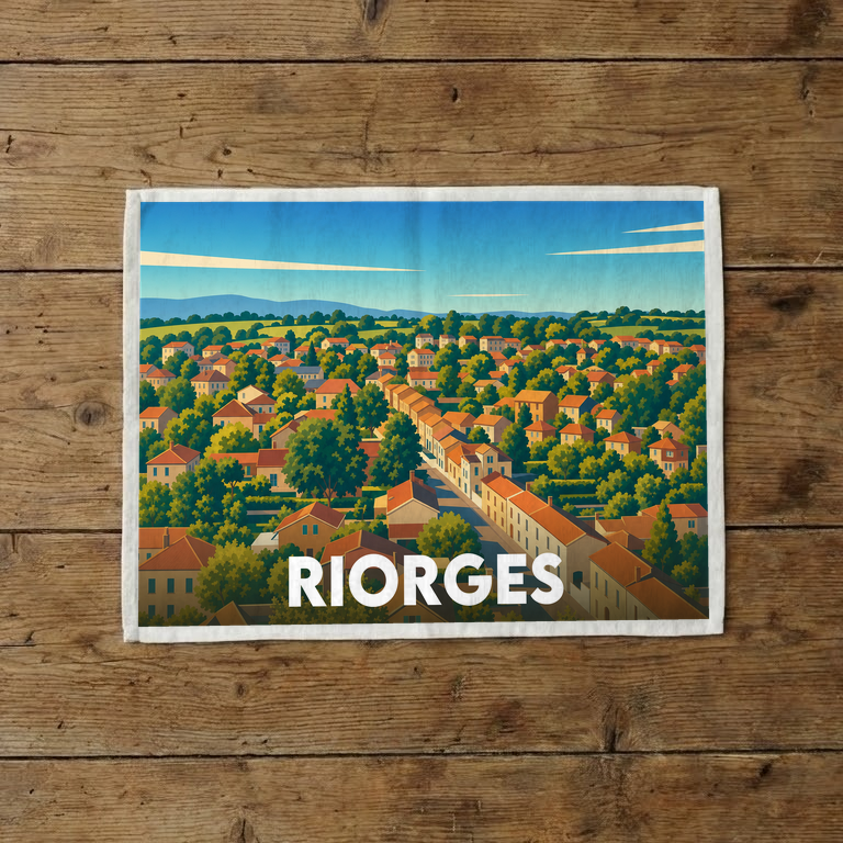 Torchon souvenir de la ville de Riorges avec une illustration stylisée de ses maisons et paysages verdoyants.