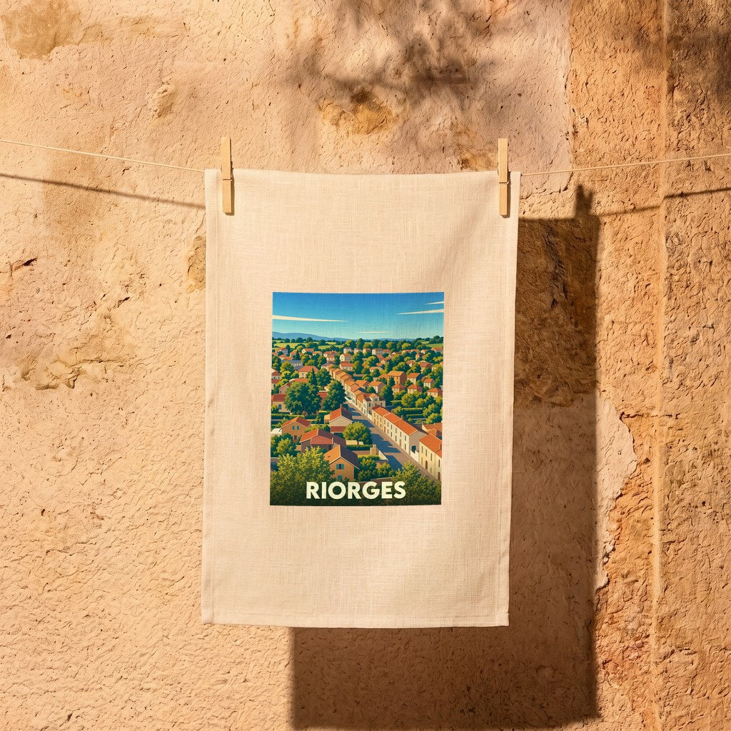 Torchon souvenir de la ville de Riorges avec une illustration stylisée de ses maisons et paysages verdoyants.