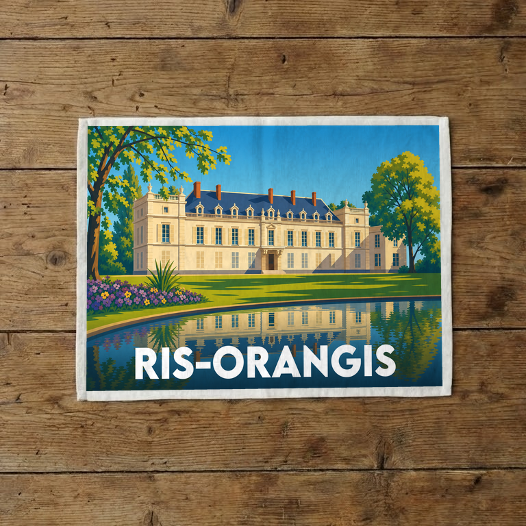 Torchon souvenir de la ville de Ris-Orangis avec une illustration stylisée de château se reflétant dans l'eau.